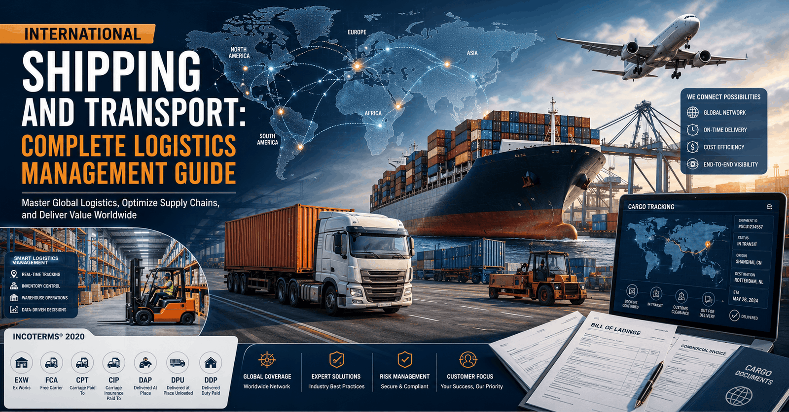Logistics management course showing shipping containers, cargo transport, freight planning, and global logistics operations