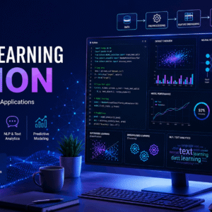 Machine Learning Python course visual showing AI models, Python code, datasets, neural networks, and data analysis workflows.