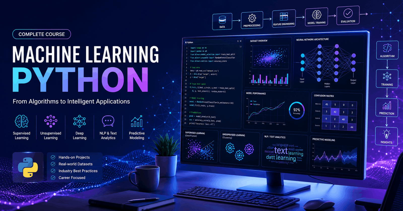 Machine Learning Python course visual showing AI models, Python code, datasets, neural networks, and data analysis workflows.