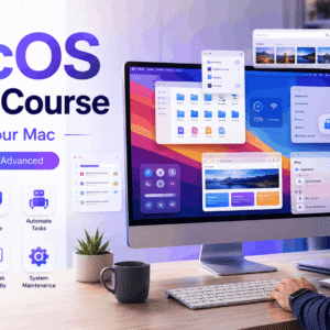 macOS Ventura Course visual showing a Mac user learning Finder, Safari, shortcuts, multitasking and system settings.
