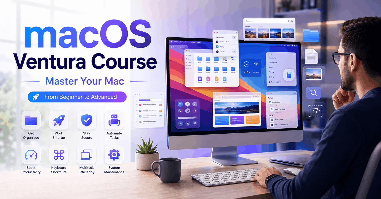 macOS Ventura Course visual showing a Mac user learning Finder, Safari, shortcuts, multitasking and system settings.
