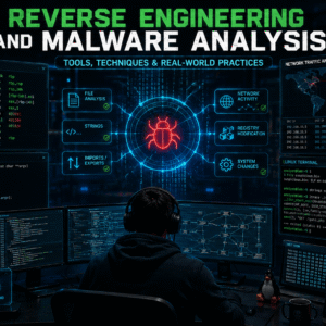 Malware Analysis Course showing cybersecurity tools, code analysis, Linux terminal, and reverse engineering workflow