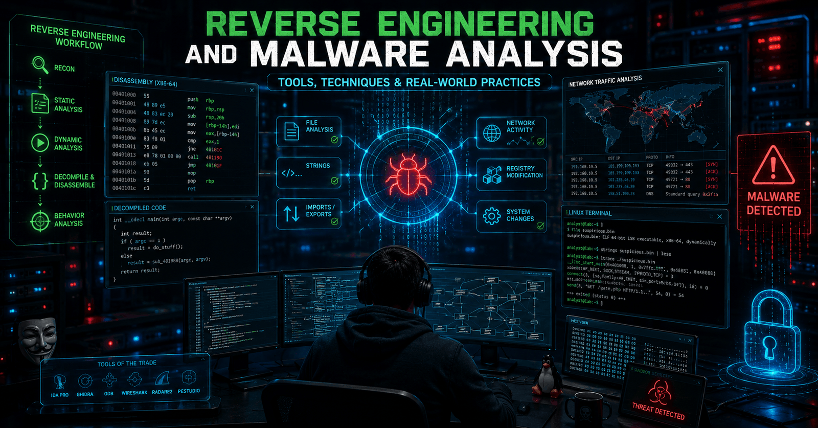 Malware Analysis Course showing cybersecurity tools, code analysis, Linux terminal, and reverse engineering workflow