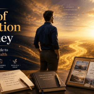 Manifesting Wealth concept with a confident person, golden light, financial goals, gratitude and an abundance mindset