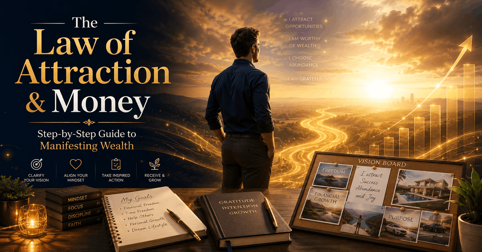 Manifesting Wealth concept with a confident person, golden light, financial goals, gratitude and an abundance mindset