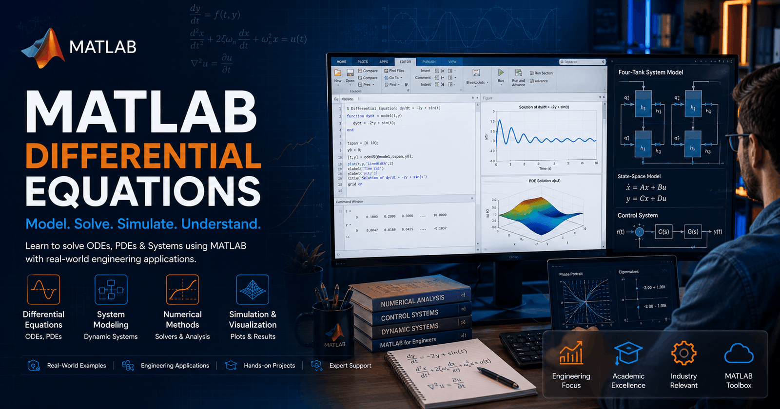 MATLAB Differential Equations course showing mathematical models, coding scripts, simulations, and system analysis.