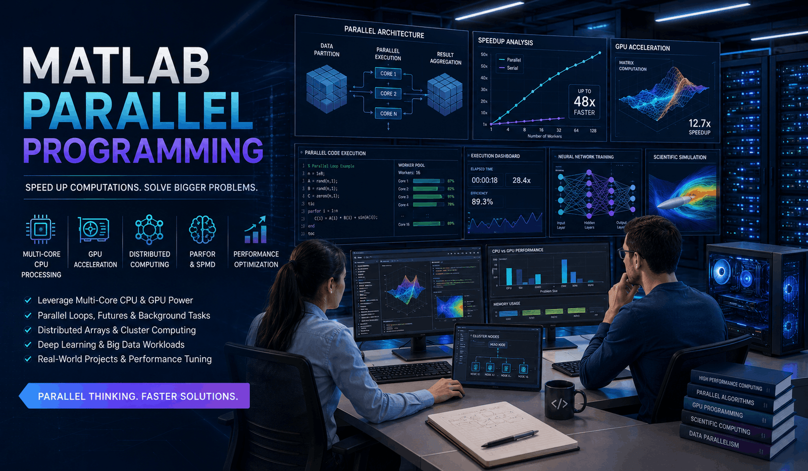 MATLAB Parallel Programming showing multi-core CPUs, GPUs, parallel computing, and deep learning acceleration workflows.