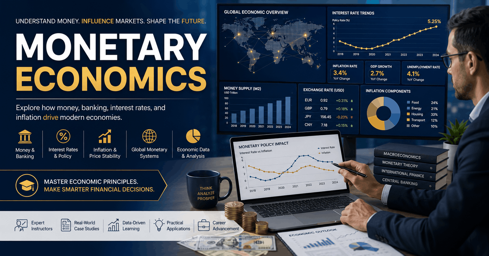 Economics students studying Monetary Economics with currency charts, financial graphs, and interest rate analysis visuals