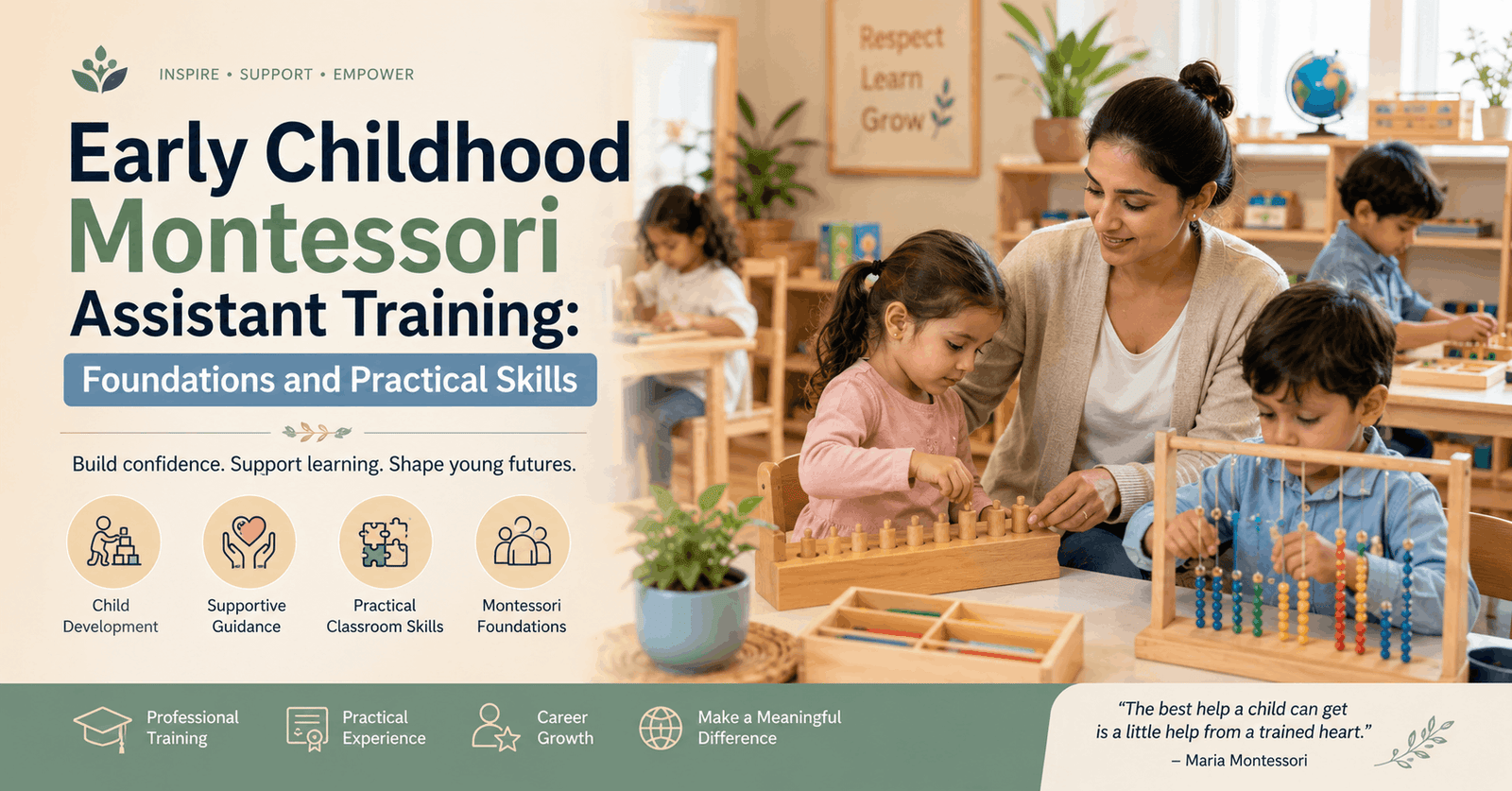 Montessori Assistant Training course banner showing classroom learning, child development activities, and early childhood education support