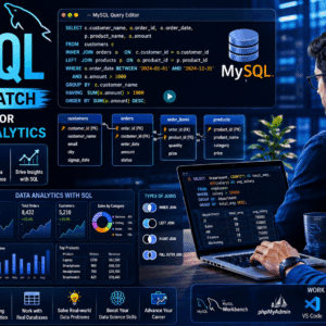 MySQL course for beginners showing database tables, SQL queries, analytics dashboards, and data management concepts