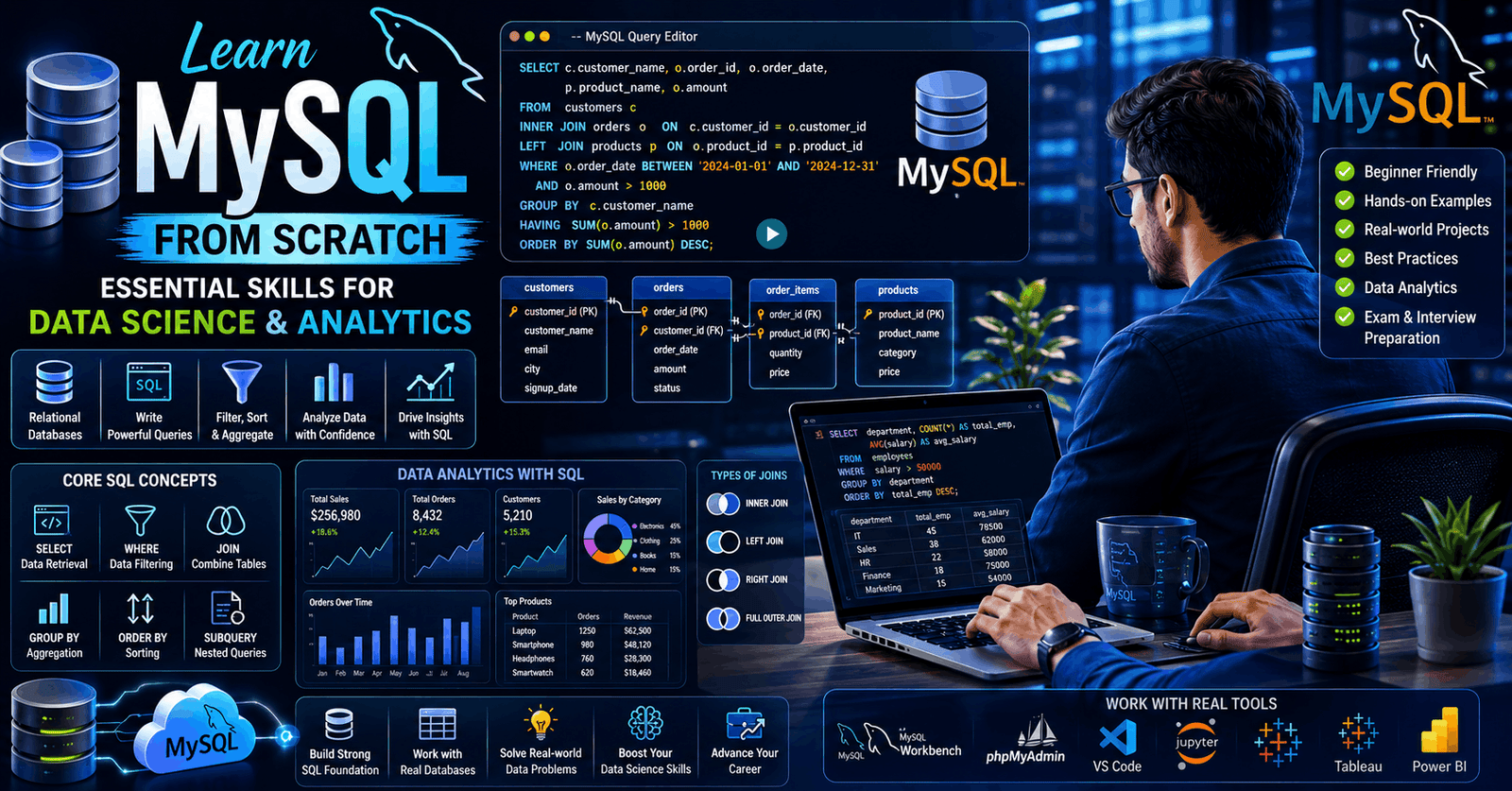 MySQL course for beginners showing database tables, SQL queries, analytics dashboards, and data management concepts