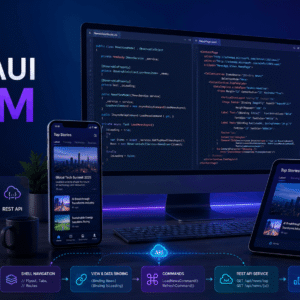 .NET MAUI MVVM development workspace showing cross-platform mobile apps, code, data binding, navigation, and API integration.