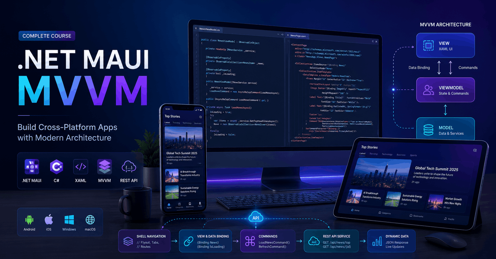 .NET MAUI MVVM development workspace showing cross-platform mobile apps, code, data binding, navigation, and API integration.
