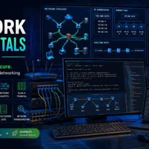 Network Fundamentals Course showing routers, switches, IP addressing, cables and network architecture