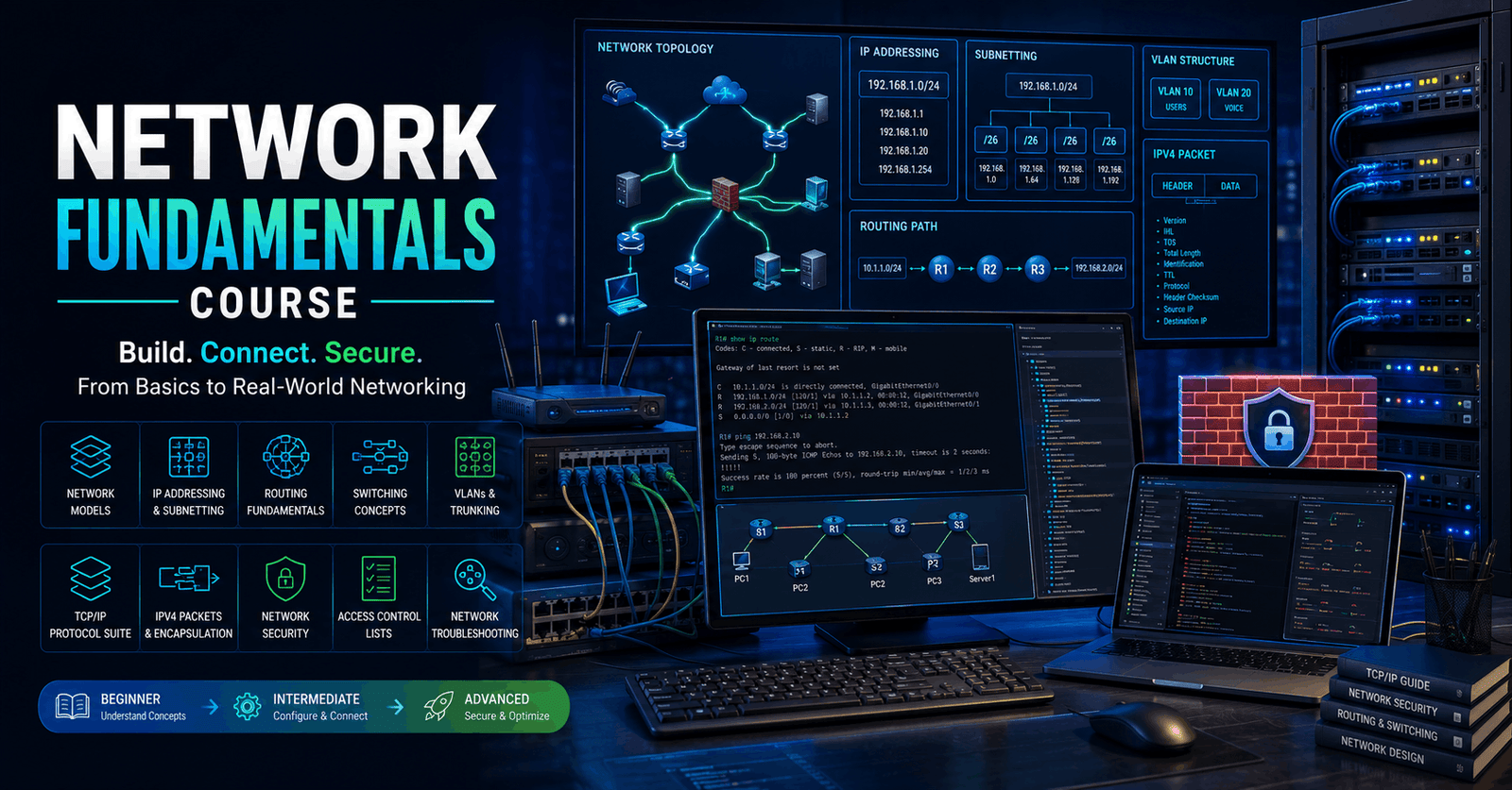Network Fundamentals Course showing routers, switches, IP addressing, cables and network architecture