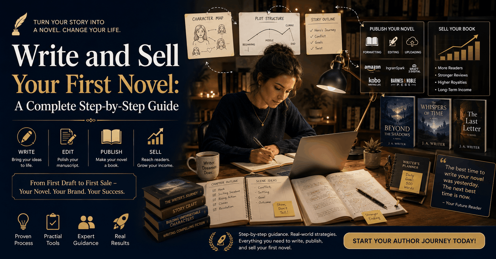 Novel writing course showing writer workspace with manuscript drafts, laptop, notes, and publishing tools