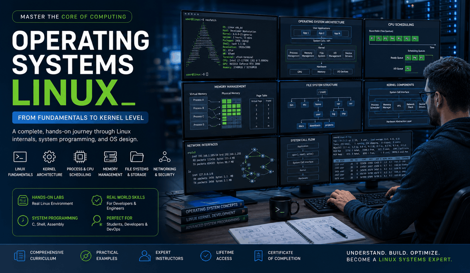 Student learning Operating Systems Linux concepts including kernels, memory management, file systems and Linux commands.
