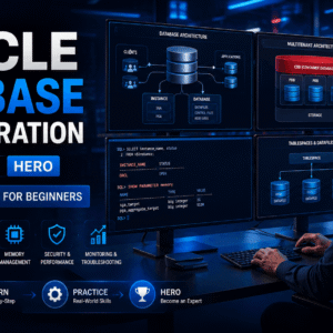 Oracle Database Administration course visual showing a DBA managing database servers, architecture and system components.