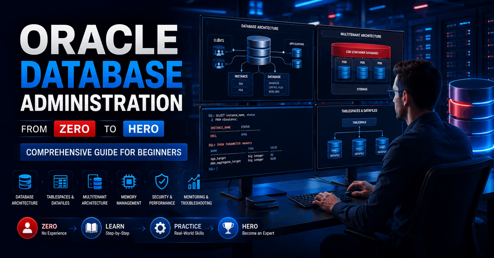 Oracle Database Administration course visual showing a DBA managing database servers, architecture and system components.