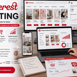 eCommerce marketer using Pinterest Marketing with product pins, analytics dashboards, and social media growth tools