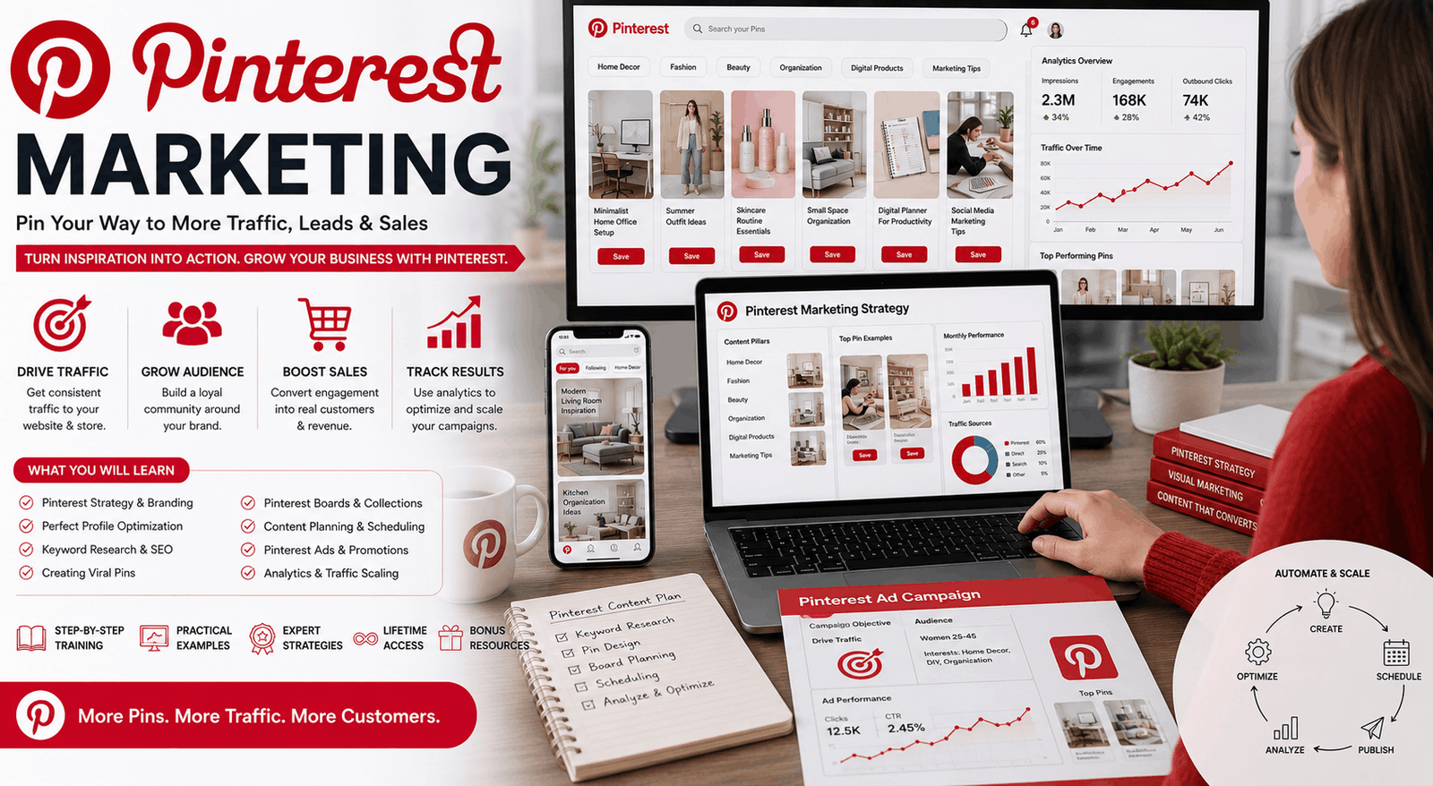 eCommerce marketer using Pinterest Marketing with product pins, analytics dashboards, and social media growth tools
