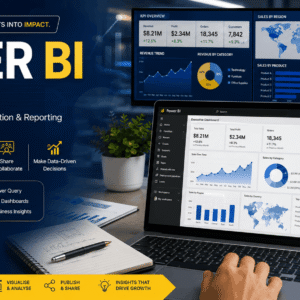 Beginner learning Power BI dashboards with charts, reports, and business intelligence analytics on screen