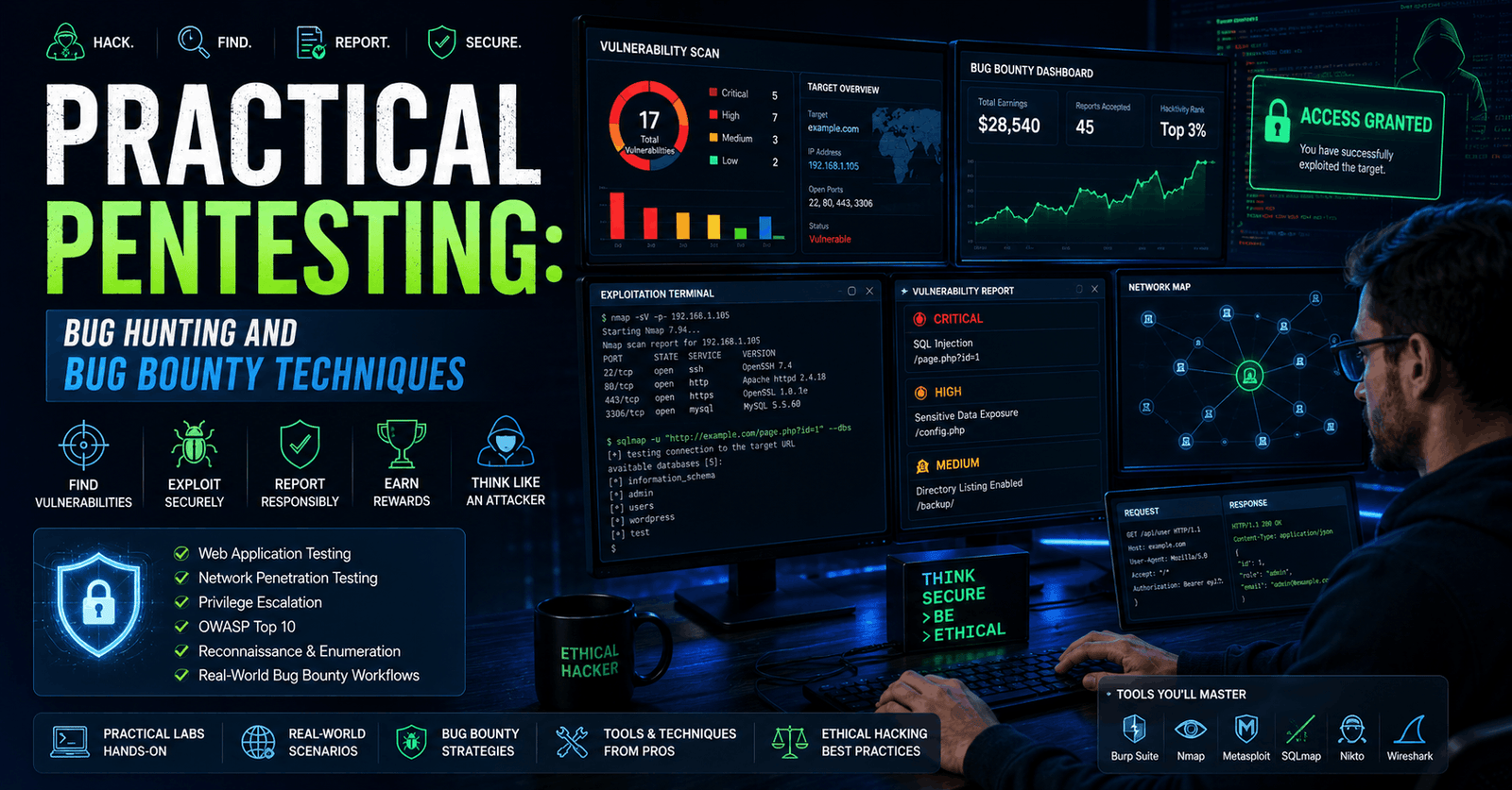 Practical Pentesting course teaching bug hunting, vulnerability testing, ethical hacking, and bug bounty techniques