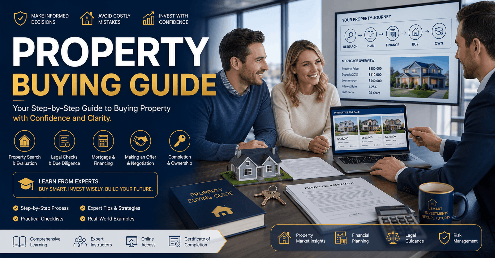 Home buyers reviewing property documents, house listings, and finance plans in a professional property buying setting