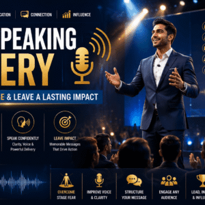 Public Speaking Mastery course showing confident speaker engaging audience on stage with impactful communication skills