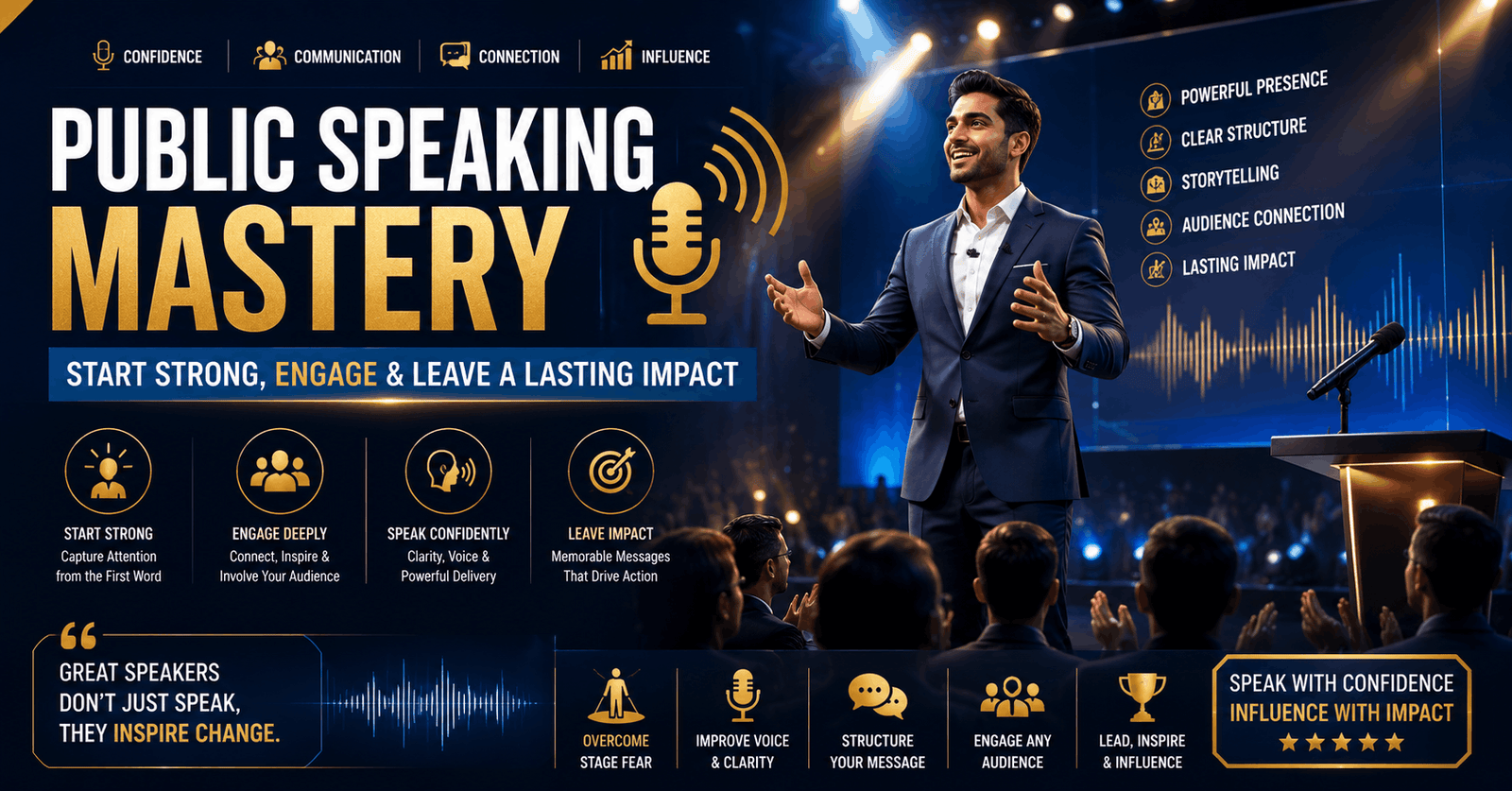Public Speaking Mastery course showing confident speaker engaging audience on stage with impactful communication skills