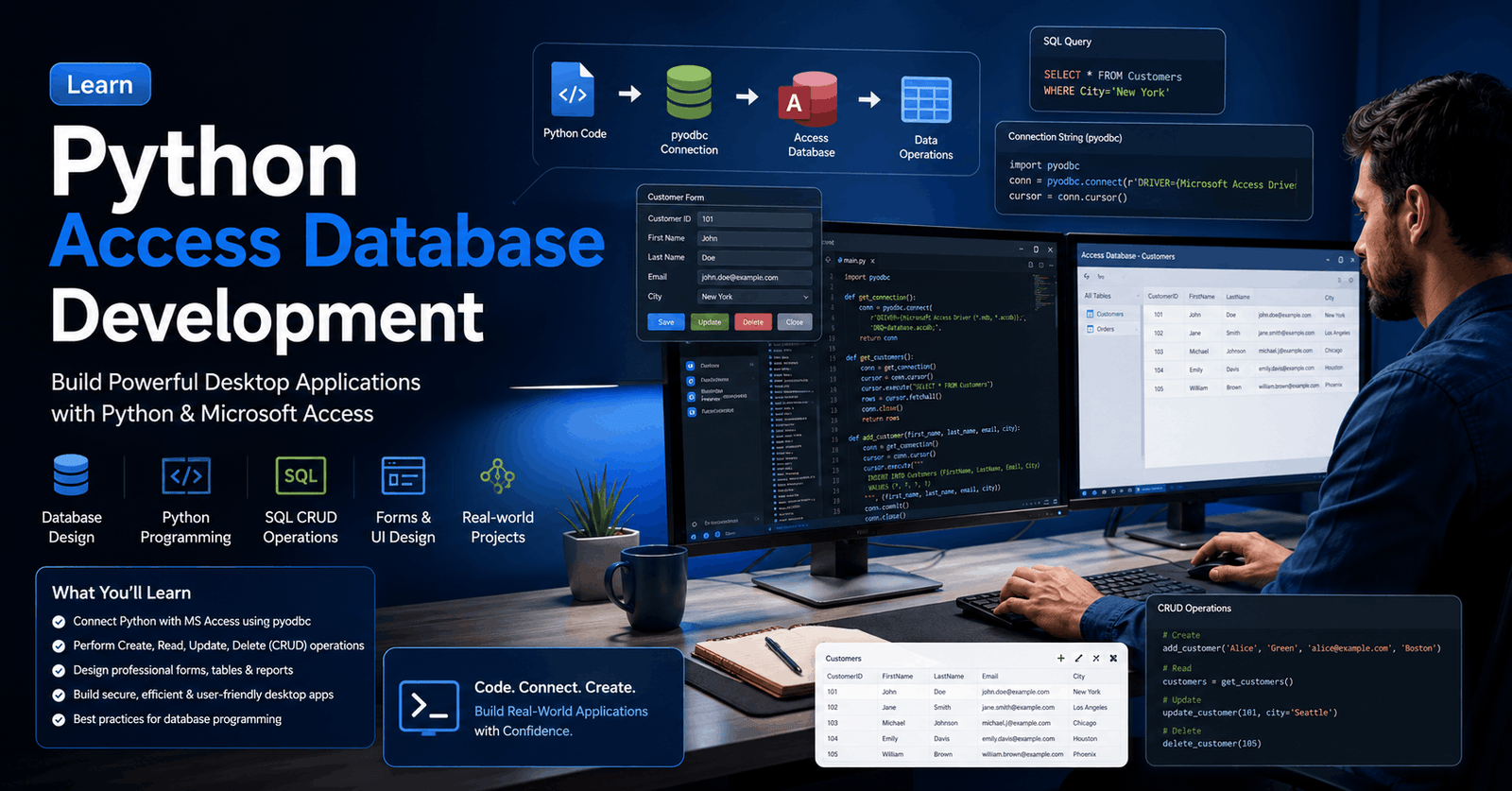 Developer creating a desktop application using Python Access Database with Microsoft Access and CRUD functionality.