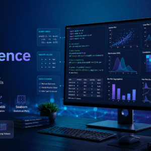 Python Data Science workspace with code, datasets, charts and visualizations representing Pandas, NumPy, Matplotlib and Seaborn.