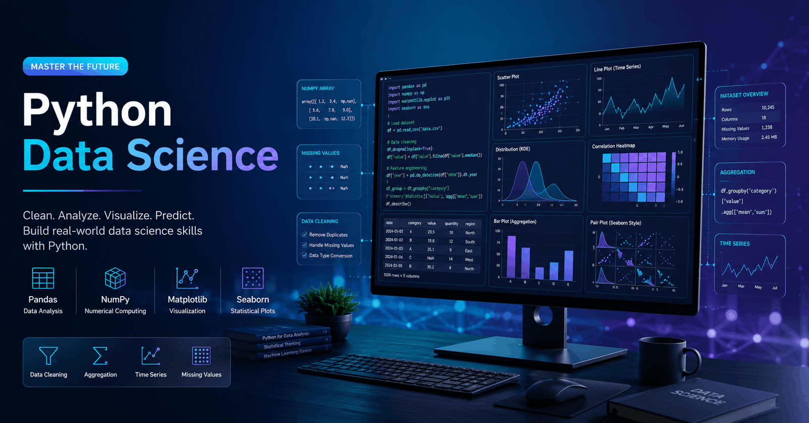 Python Data Science workspace with code, datasets, charts and visualizations representing Pandas, NumPy, Matplotlib and Seaborn.