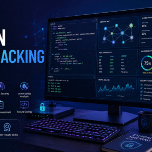Python Ethical Hacking course visual showing cybersecurity code, network security tools, Python scripts, and ethical hacking concepts.