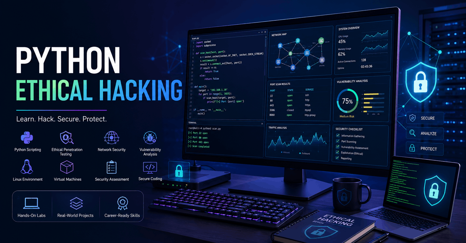 Python Ethical Hacking course visual showing cybersecurity code, network security tools, Python scripts, and ethical hacking concepts.
