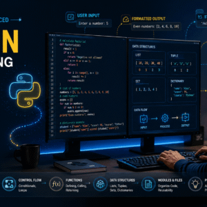 Python Programming Course showing code, data structures, control flow and hands-on programming in a modern workspace
