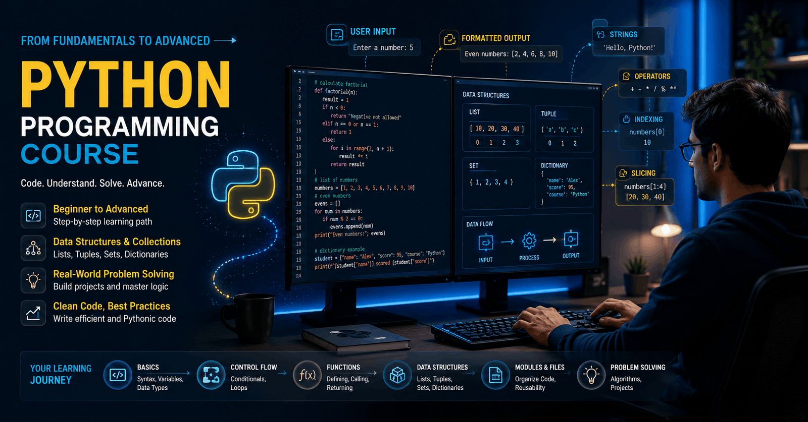 Python Programming Course showing code, data structures, control flow and hands-on programming in a modern workspace