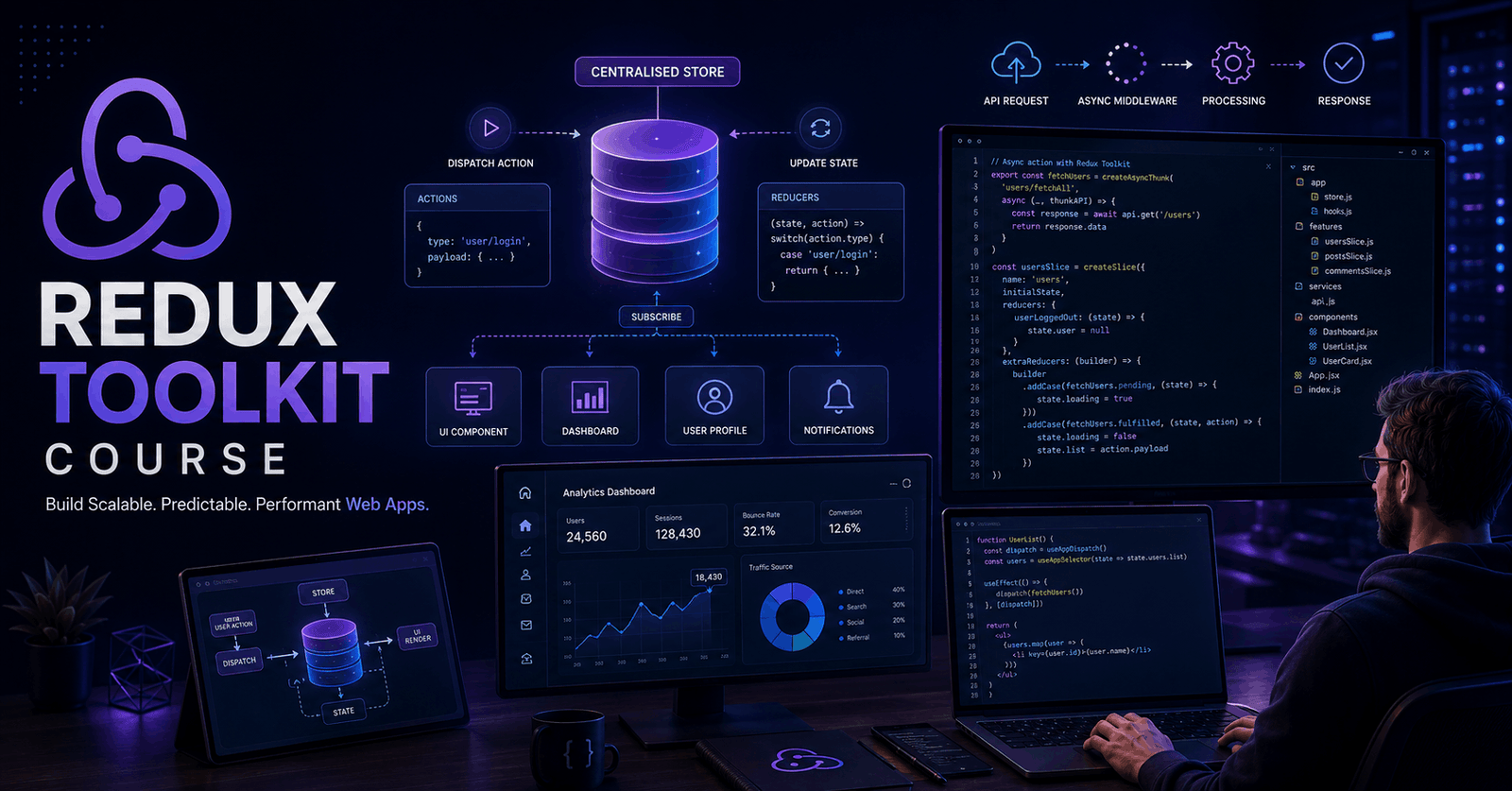 Redux Toolkit Course featuring React state management, Redux workflow, application code and modern web development