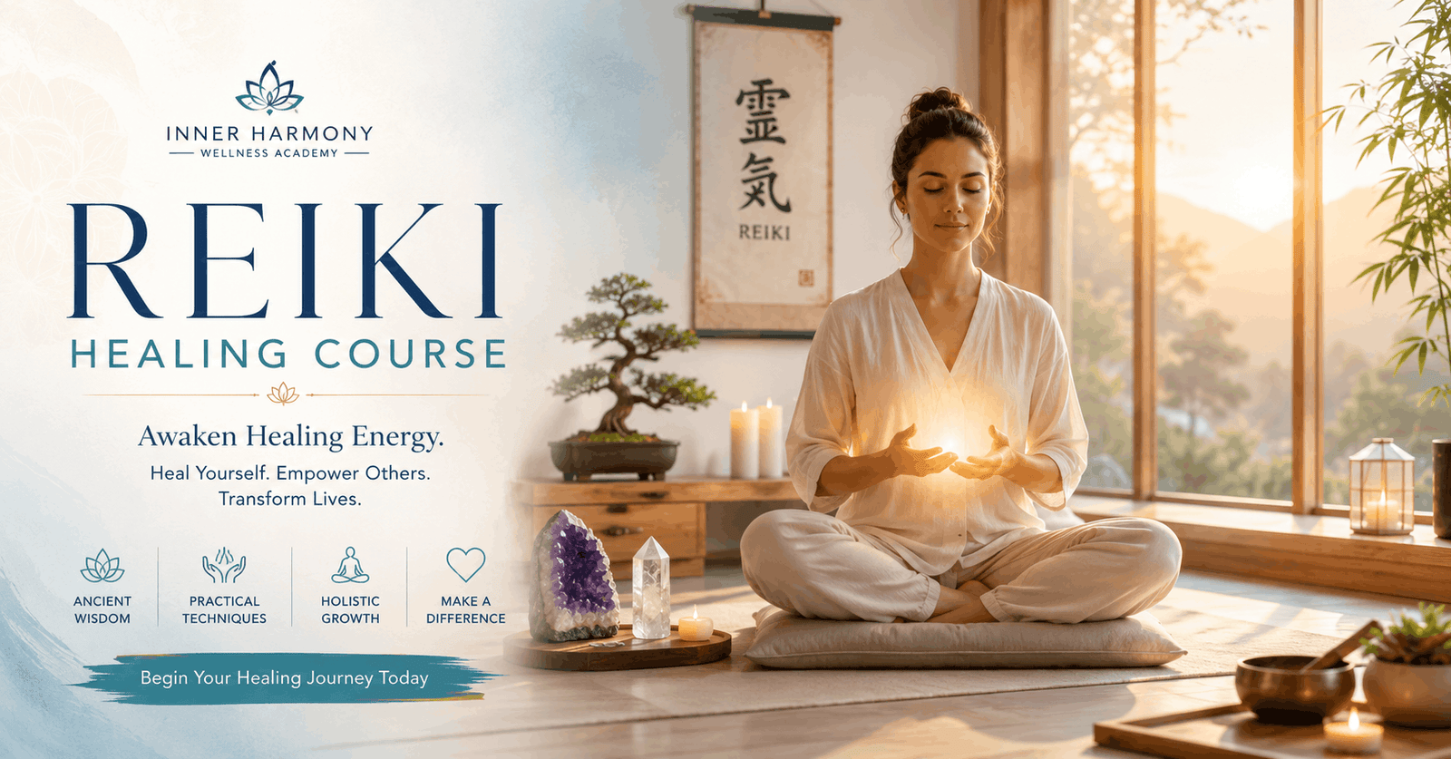 Person practising meditation and Reiki during a Reiki Healing Course in a peaceful wellness setting with calming natural light.
