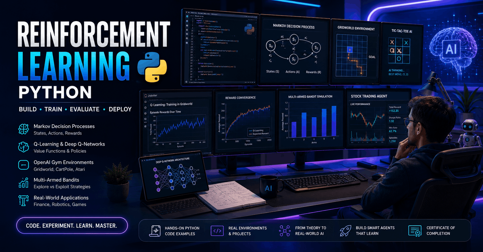 Developer building Reinforcement Learning Python models with AI agents, neural networks, stock trading, and data visualizations.