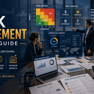 Business professionals analyzing charts and enterprise data for Risk Management Course strategy and risk assessment planning