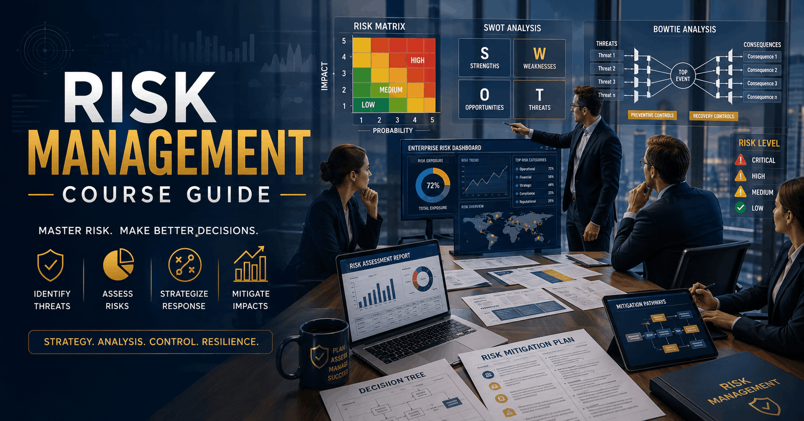 Business professionals analyzing charts and enterprise data for Risk Management Course strategy and risk assessment planning