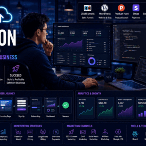 SaaS business course showing software development, marketing funnels, analytics, and startup scaling strategies