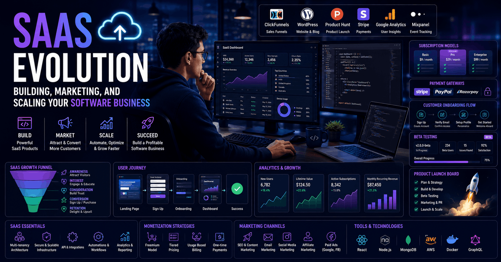SaaS business course showing software development, marketing funnels, analytics, and startup scaling strategies
