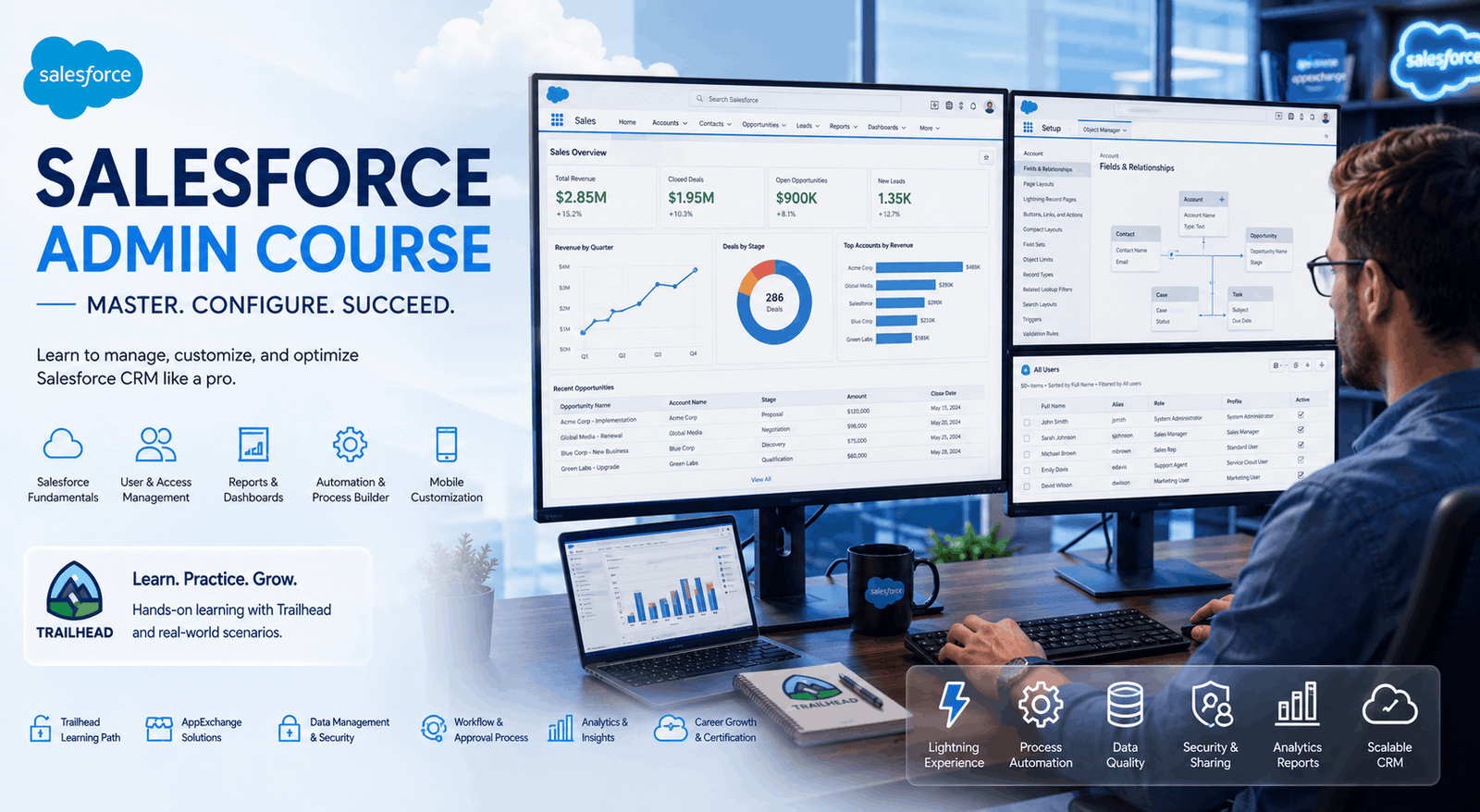 Salesforce Admin Course showing CRM platform setup, dashboards, data modelling, and Salesforce customisation tools.