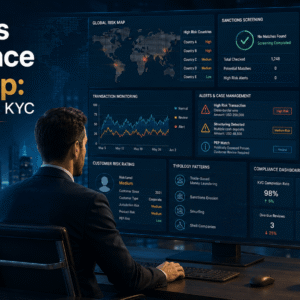 Sanctions Compliance professional reviewing AML, KYC, risk screening and financial crime data on digital screens