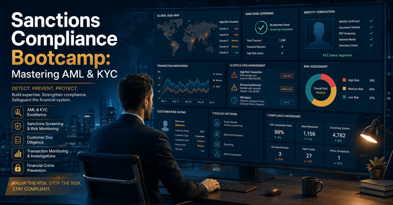 Sanctions Compliance professional reviewing AML, KYC, risk screening and financial crime data on digital screens