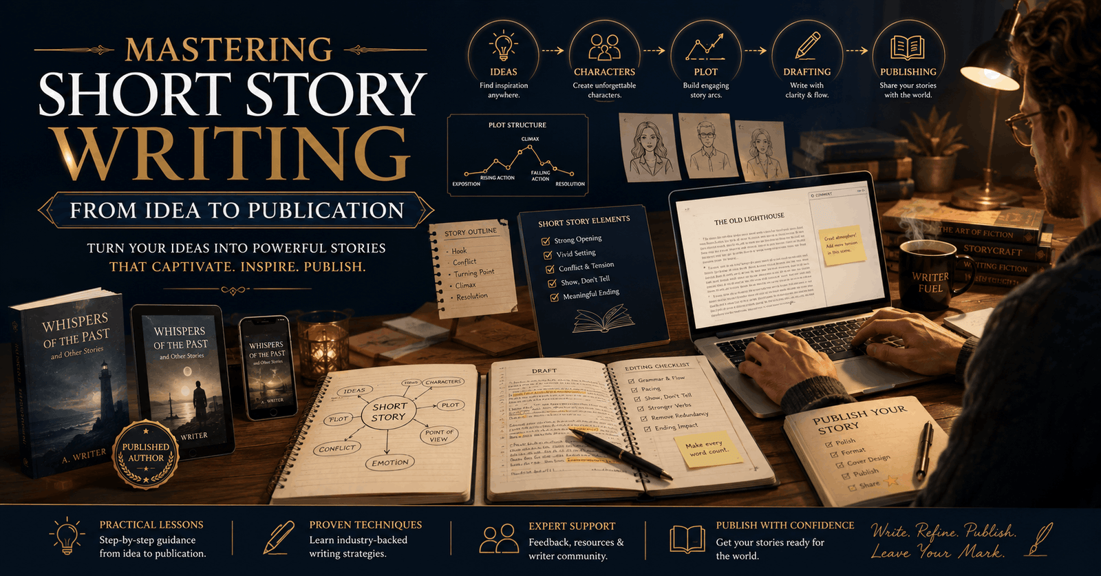 Short story writing course showing writer workspace with notebook, manuscript drafts, and creative storytelling tools