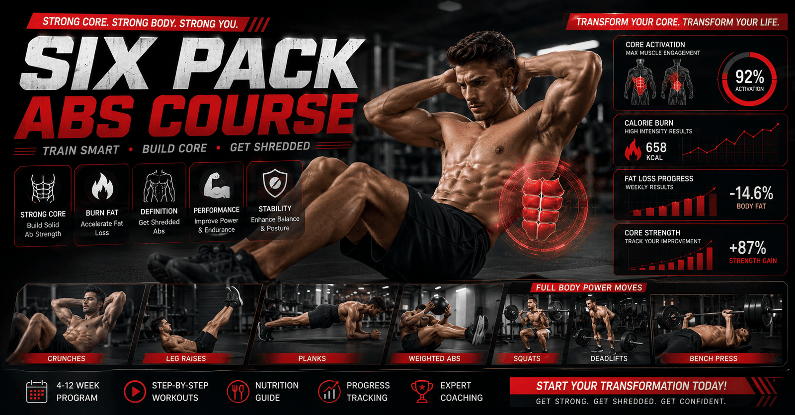 Professional educational banner for Six Pack Abs Course showing core training, ab workouts, and full body fitness exercises