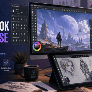 Digital artist using Sketchbook Pro on tablet creating detailed sketches with drawing tools and perspective guides